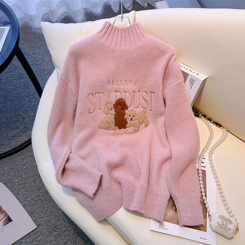 2023 New Women's Sweater Pullover Autumn Winter Cartoon Embroidered Long Sleeve Loose Tops Casual Fashion Ladies Jumper Knitwear