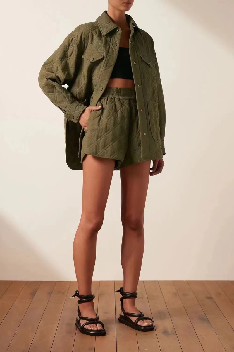 New Arrival Cusual Women Shorts Set 2022 Autumn Collection Army Green White Plaid Ladies Suit