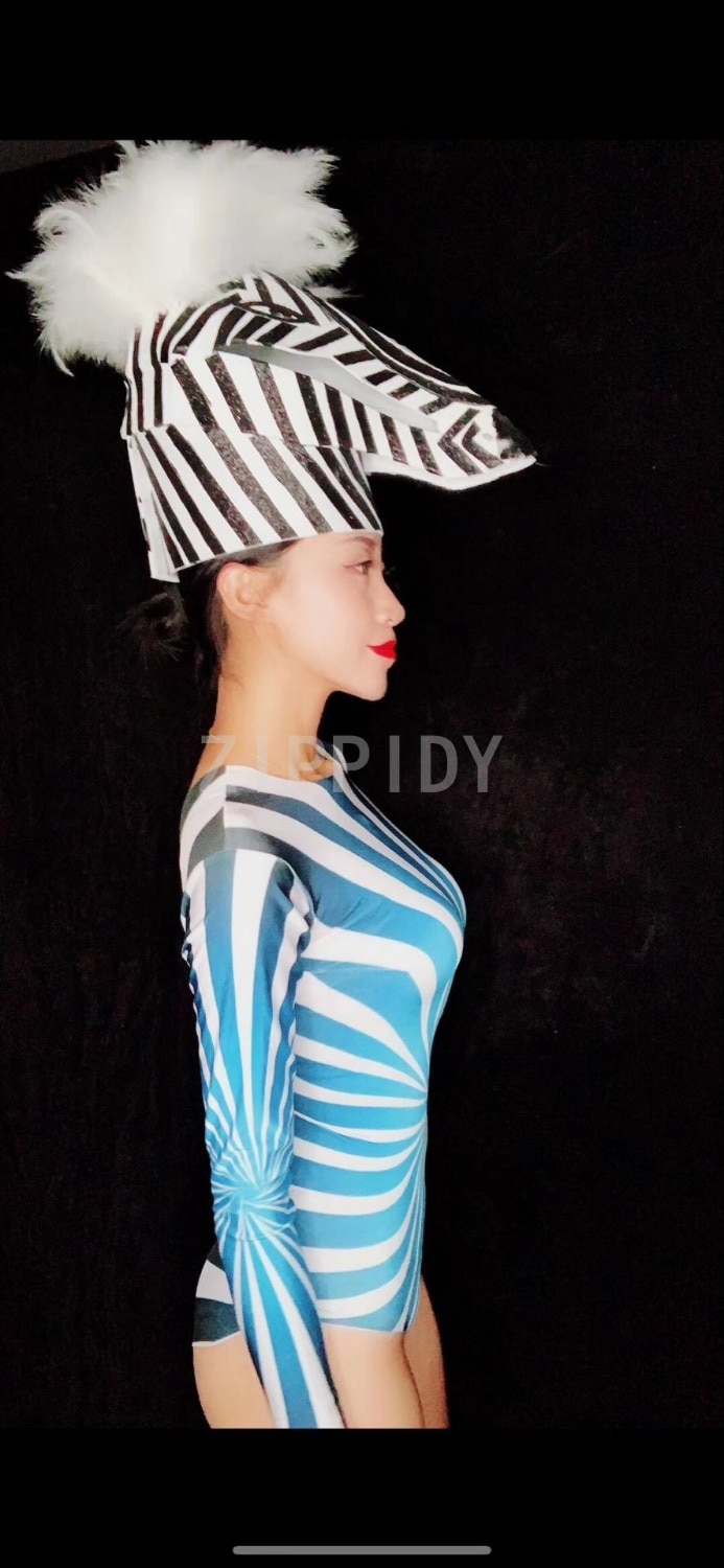 Women Singer Dancer Show Clothes Blue White Long Sleeves Stretch Bodysuit Women's Prom Party Bodysuit Nightclub Cosplay Outfit