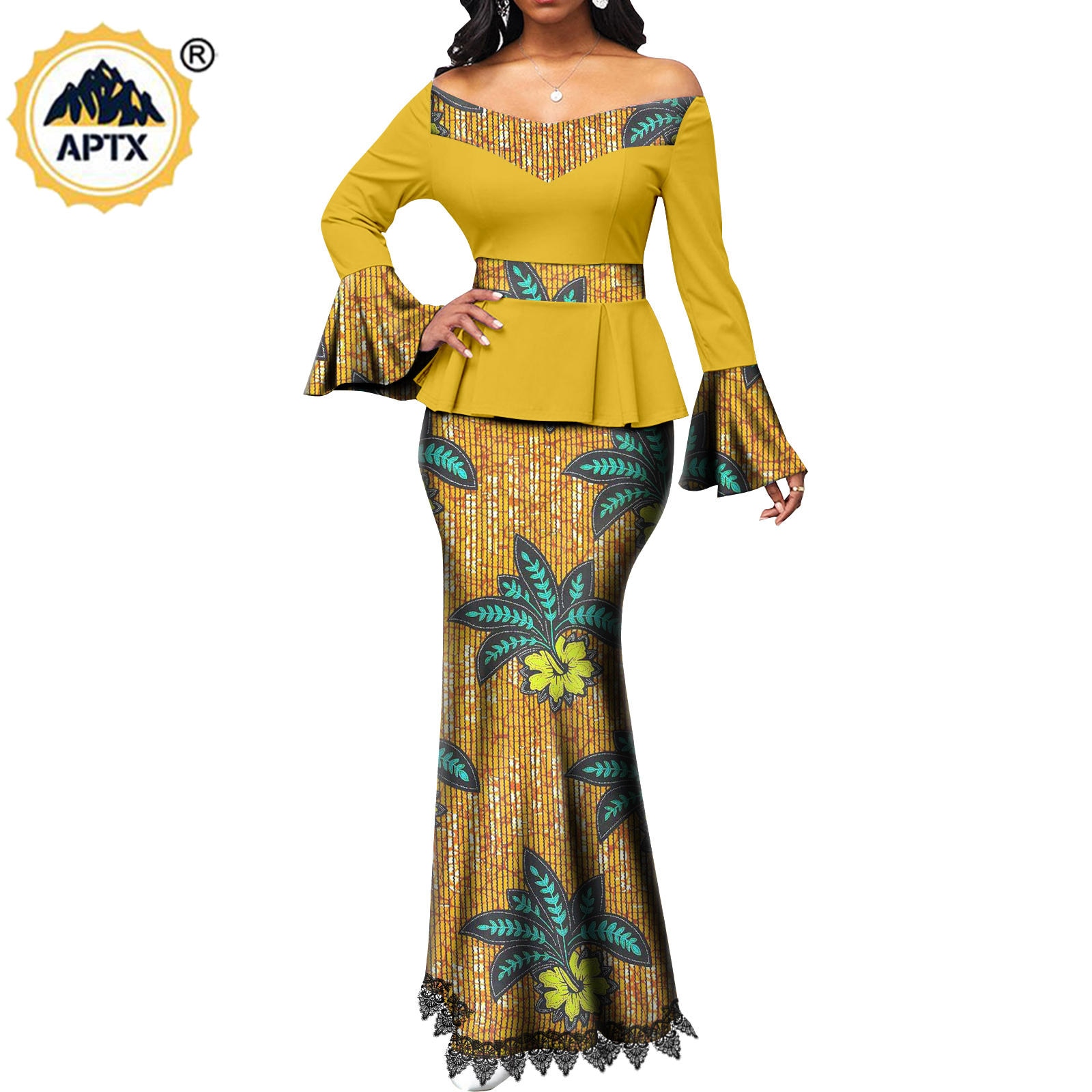 African Couple Clothes Women Print  V-neck Top and Lace Skirts Match Men Outfits Dashiki Long Vest Shirt and Pants Sets Y22C041