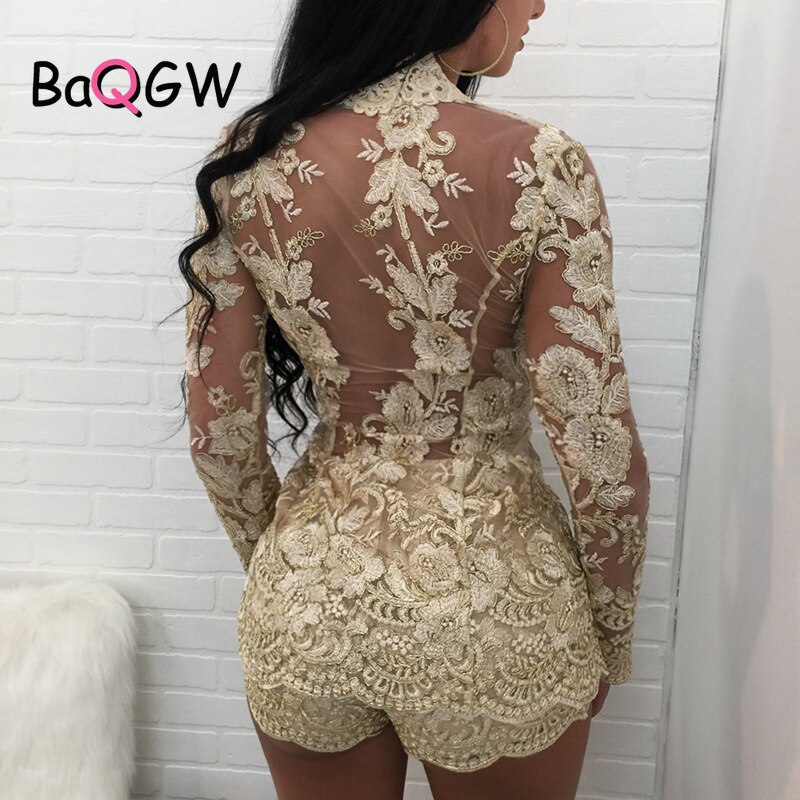 BaQGW Vintage Floral Embroidery Sexy Two Piece Sets Women Lace V Neck Hollow Out Cardigan + Shorts Nightclub See Through Outfits