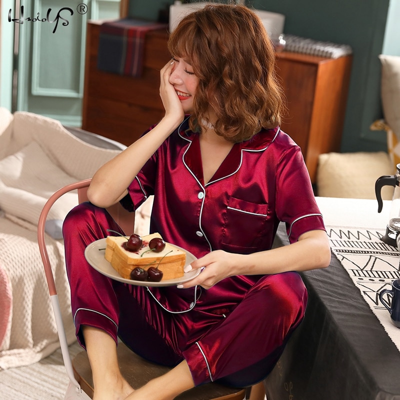 Womens Silk Satin Pajamas Pyjamas Set Sleepwear Pijama Pajamas Suit Female Sleep Two Piece Set Women's Loungewear Plus Size