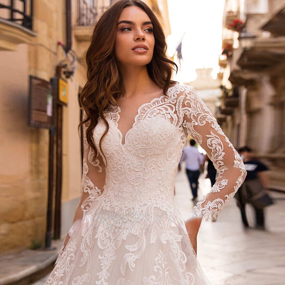 Vestidos De Novia Long Sleeve Ball Gown Wedding Dress Lace Up Back Vintage Robe De Mariage Appliques Tulle Abito Da Sposa