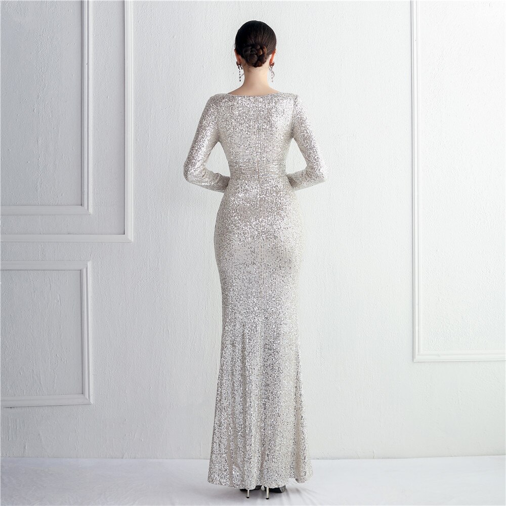 Beauty Emily Elegant Mermaid Evening Dresses Long Sequins Deep V Neck Full Sleeves Slits Formal Party Gowns Wedding Prom Dress