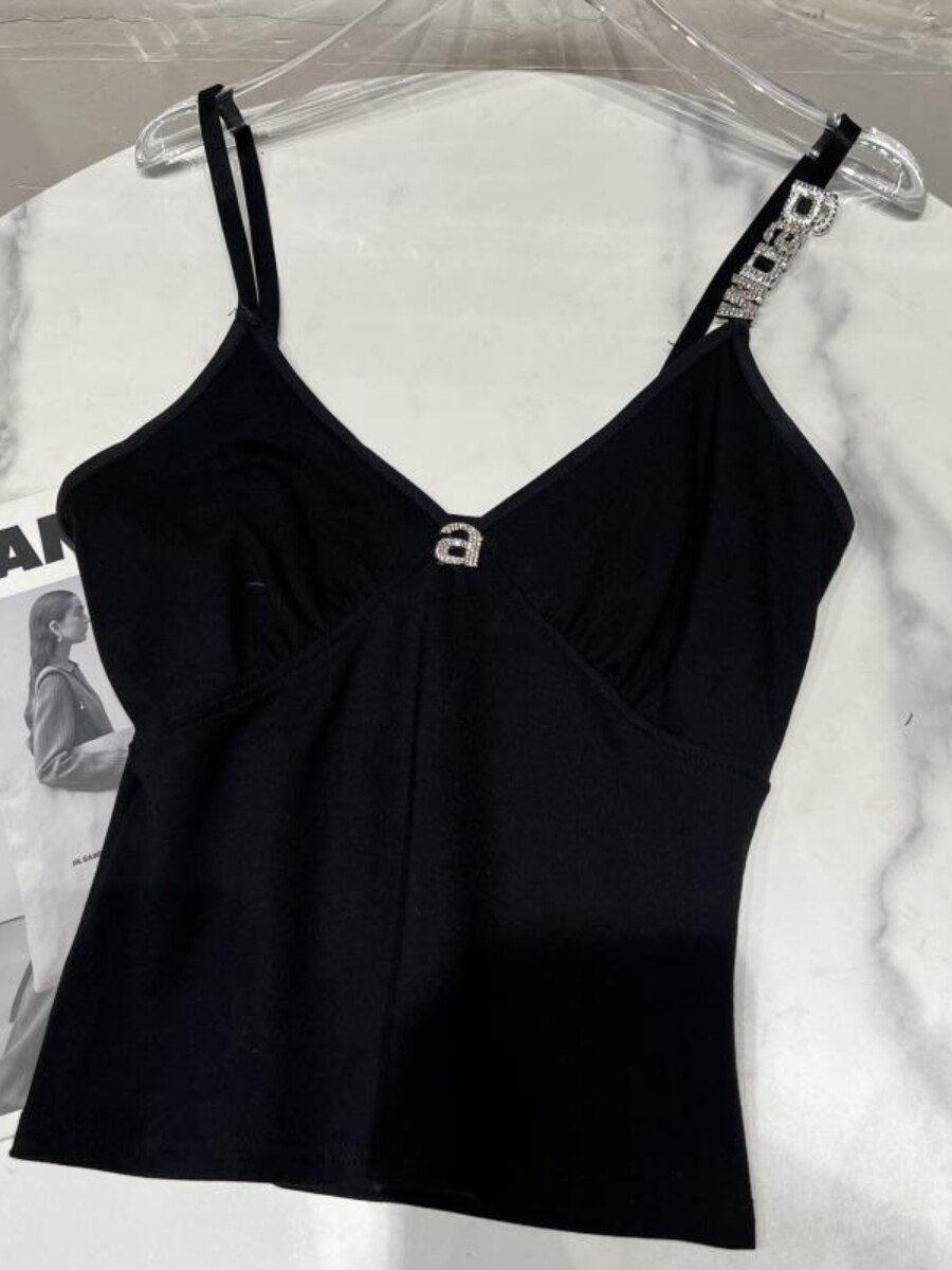 2022 Summer New Heavy Industry Rhinestone Letters Decorative Slim-Fit Dark Vest Camis Female Socialite Sexy Sling Tank Top Women