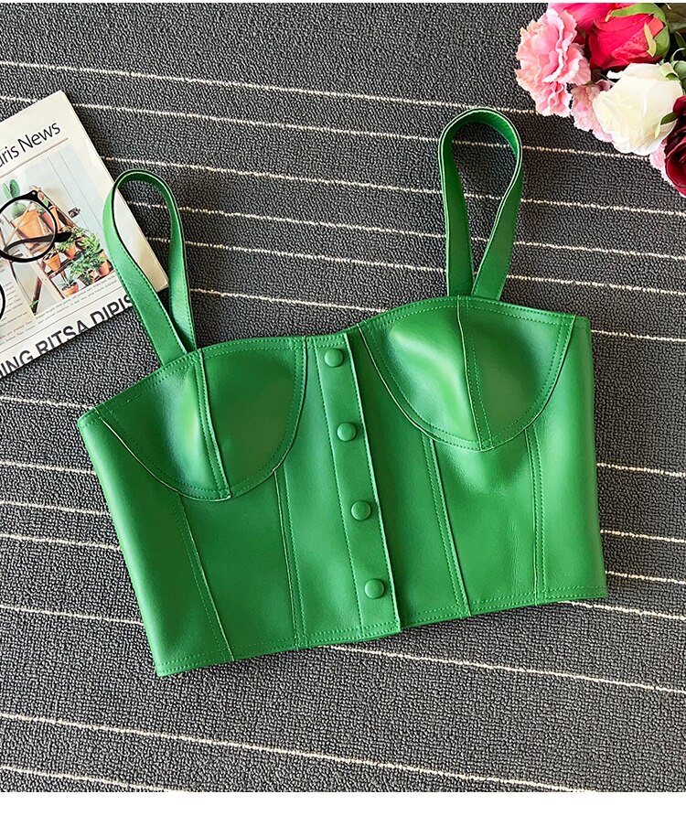 Europe Style All Season Chic Women's High Quality Genuine Leather Camisole Tank-top C585