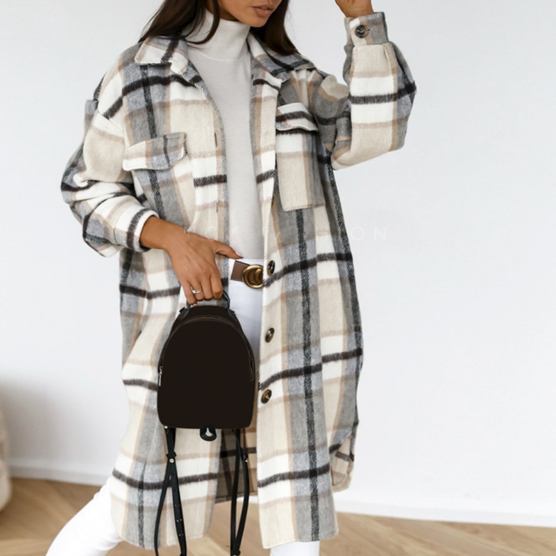 Casual Spring Plaid Long Blouse Women High Street Lantern Sleeves Shirt Pocket Button Ladies Outwear Shirts Loose 2021