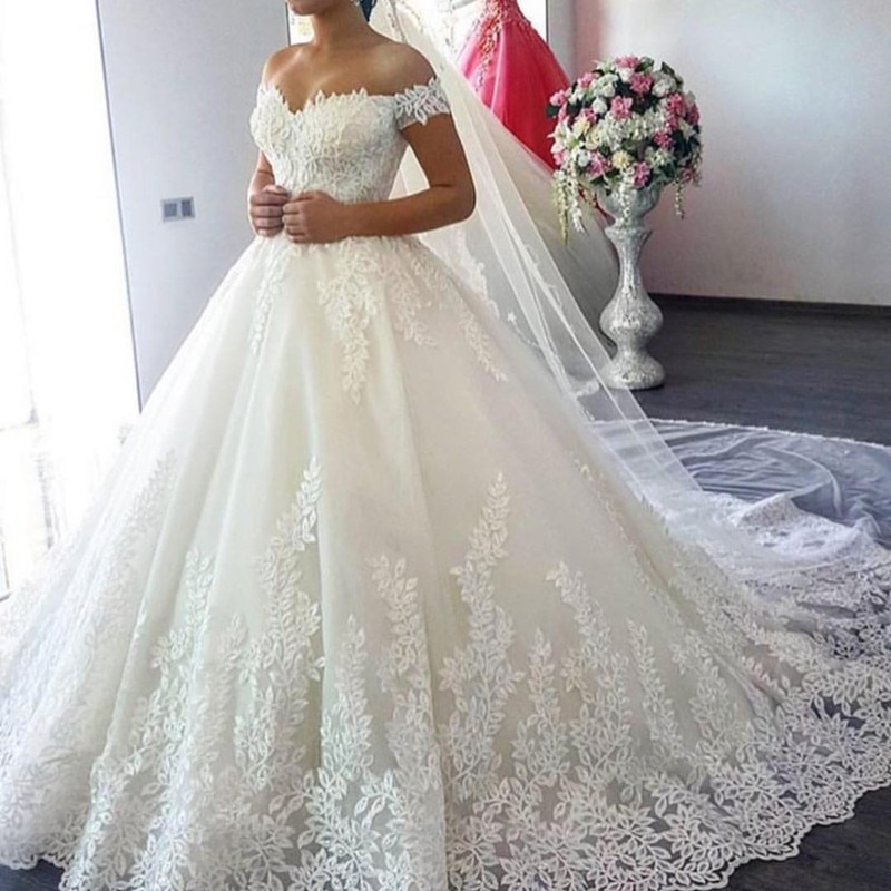 White Off the Shoulder Vestido De Noiva 2022 Wedding Dress Train Custom-made Plus Size Bridal Tulle Mariage
