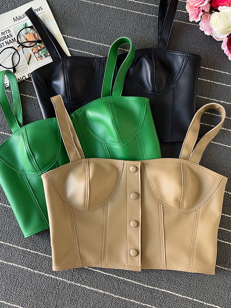 Europe Style All Season Chic Women's High Quality Genuine Leather Camisole Tank-top C585