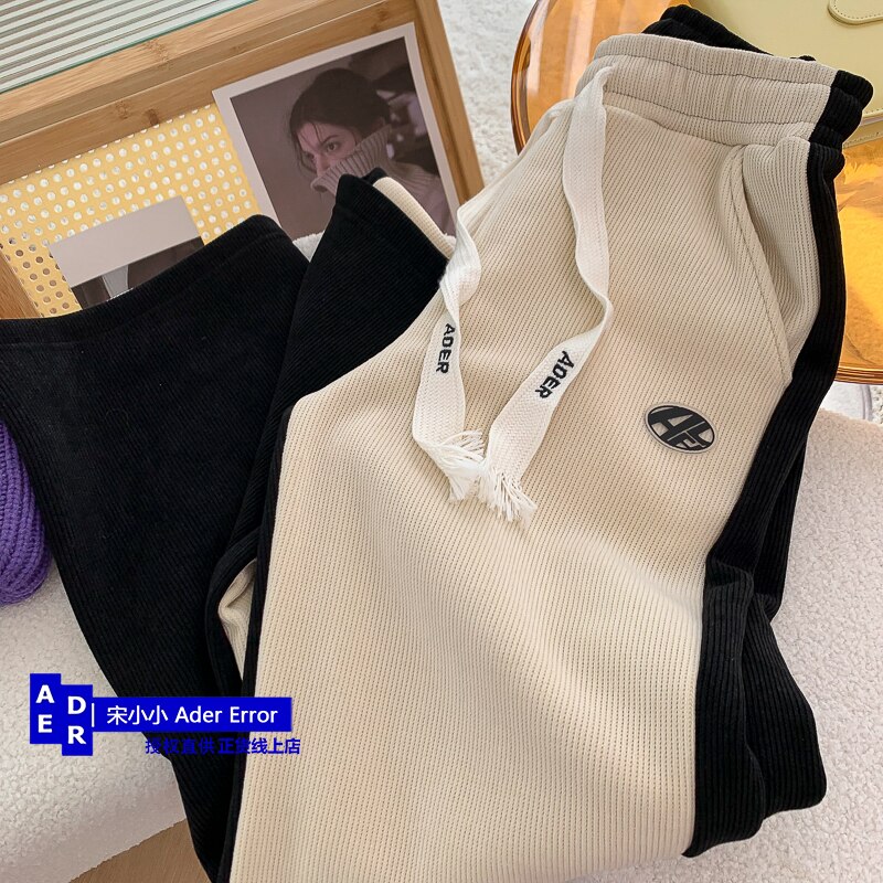 Korean high quality trousers with plush and thick contrast color in winter, casual men and women's straight wide leg trousers