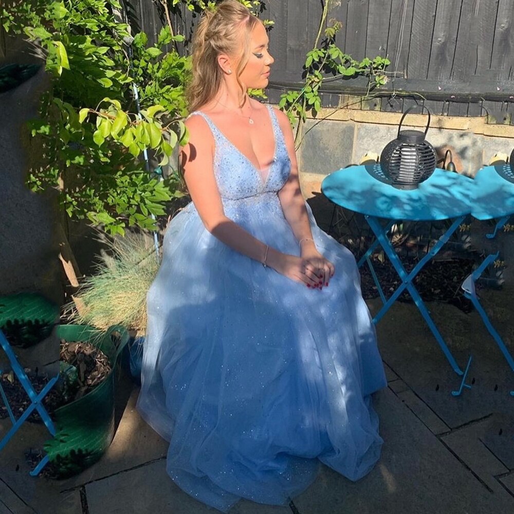 AIOVOX Princess V-Neck Appliques Prom Dresses Women 2022 Tulle Sequin Vestidos De Gala Candy Color A-Line Party Gown Custom-Made