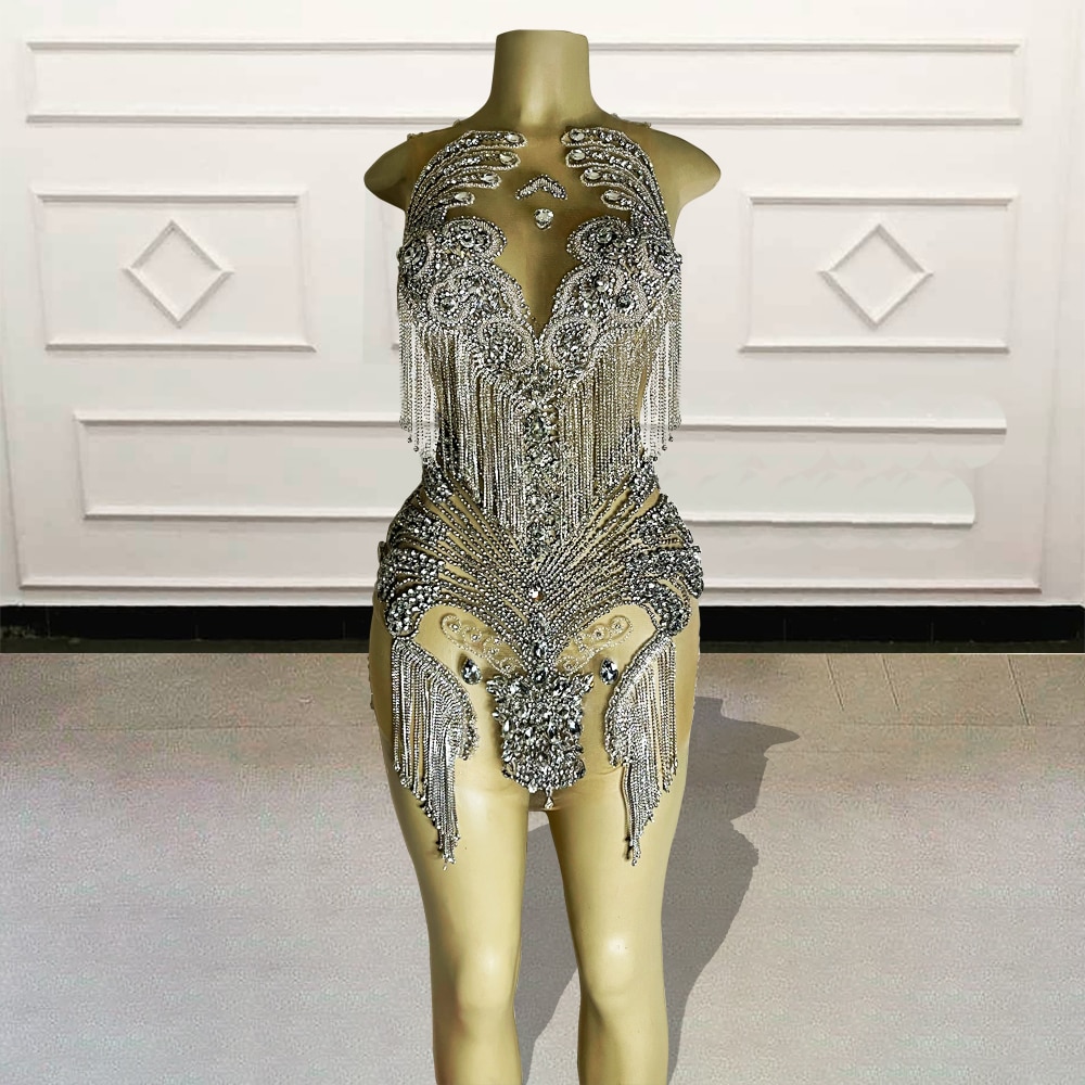 Luxury Beaded Crystals Black Girls Short Prom Dress Sexy Silver Sheer African Women Mini Cocktail Gowns For Birthday Party 2022