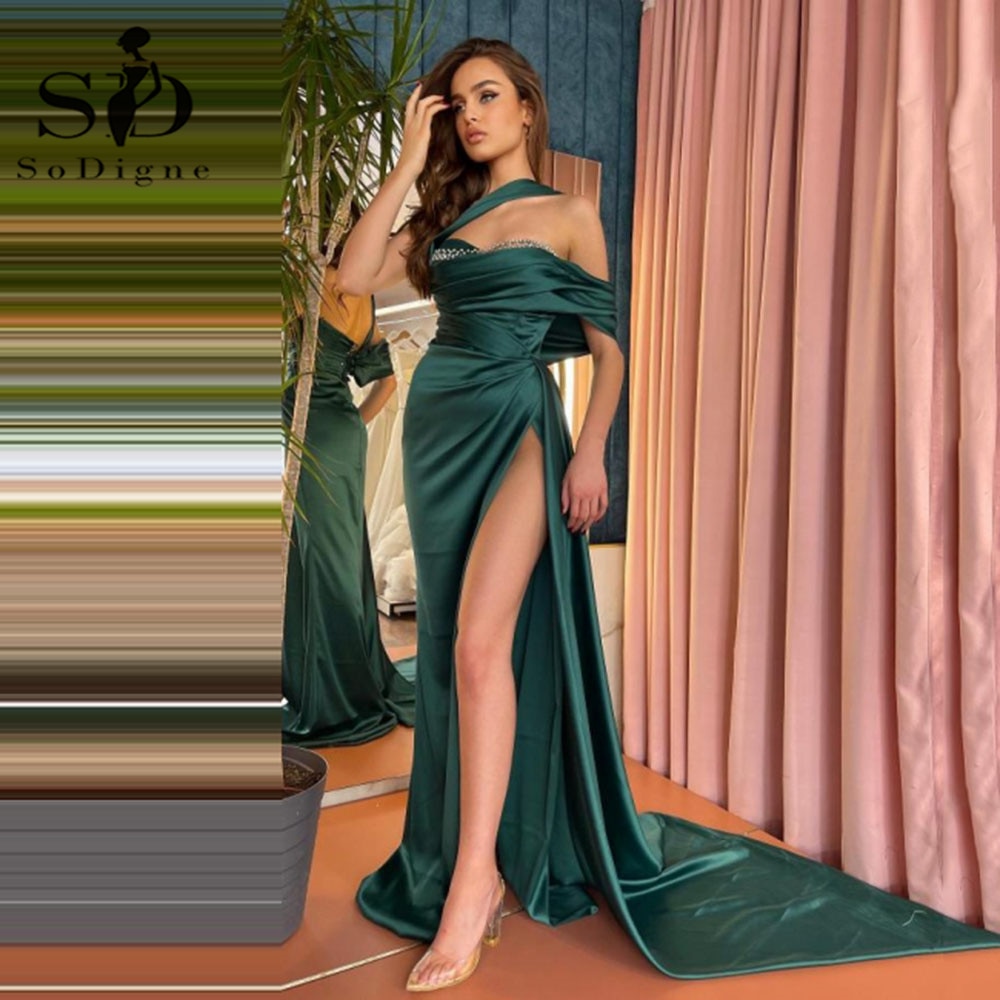 SoDigne Green Mermaid Evening Dresses Beads One Shoulder Straps Ruched Prom Dress Pleated Saudi Arabia Celebrity Party Gowns
