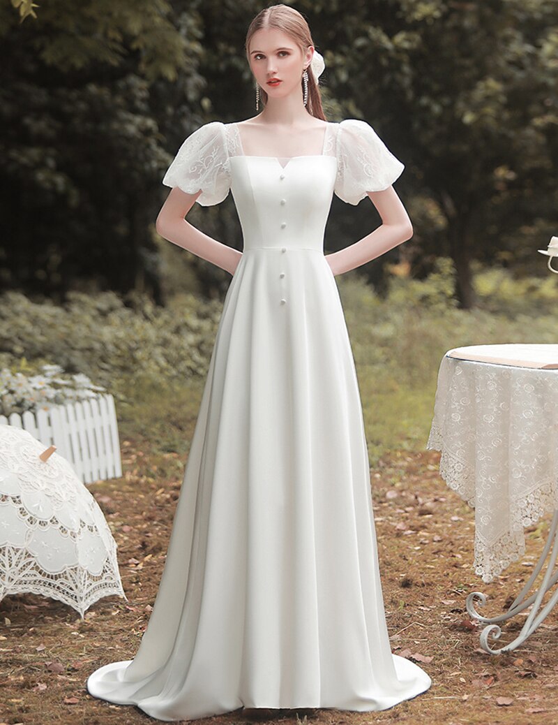 Simple Satin Wedding Dresses Lace Puff Short Sleeves Backless Bridal Gowns A-Line Sweep Train Beach Bride Gown Vestidos De Novia