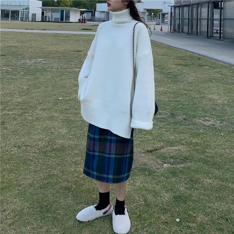 Thickened Solid Color High Collar Sweater Female Students Autumn Winter New Loose Head Set Hundred Open Knitted Sweater Jacket