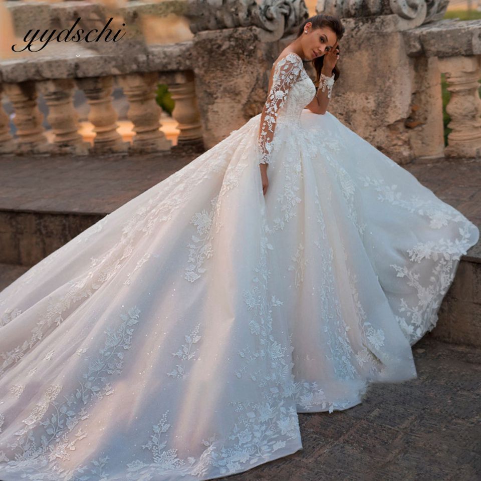 White/Ivory Elegant Wedding Dresses 2022 Illusion Long Sleeves Appliques Lace Bride Dresses Princess Tulle Backless Wedding Gown