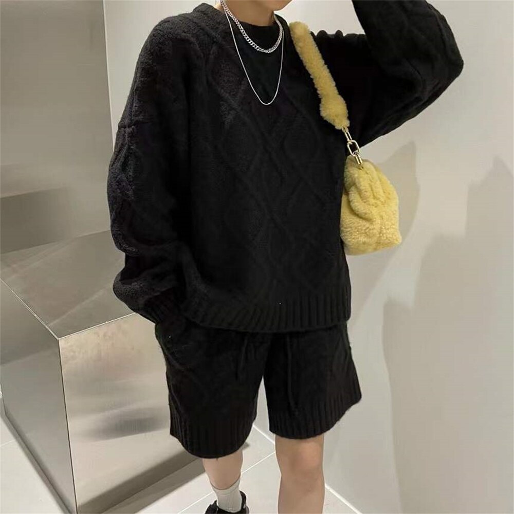 PLAMTEE Autumn Sweaters Women Two Pieces Sets Knitwear Pullovers Casual 2022 Office Lady Chic All Match Loose Wide Leg Shorts