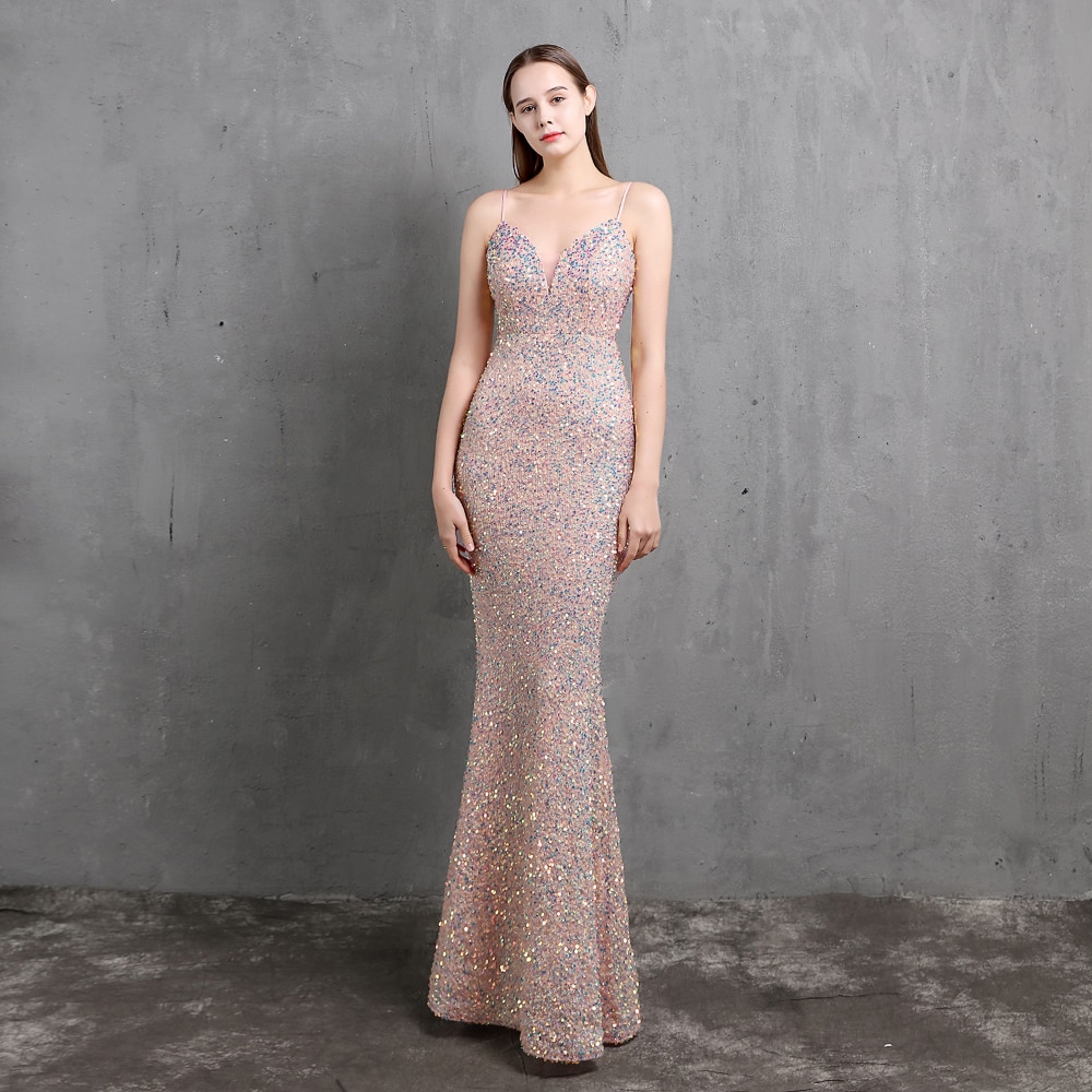 ED18523 Sling V Neck Long Evening Dress Mermaid Party Gowns Sexy Sequined Beading Formal Dress Prom Gown Backless For Wedding