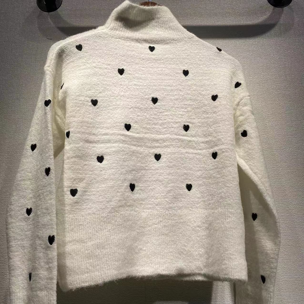 Women Turtleneck Knitted Sweater 2022 New Hearts Embroidery Long Sleeve Knitted Pullovers Tops Female Sweet Kntiwears