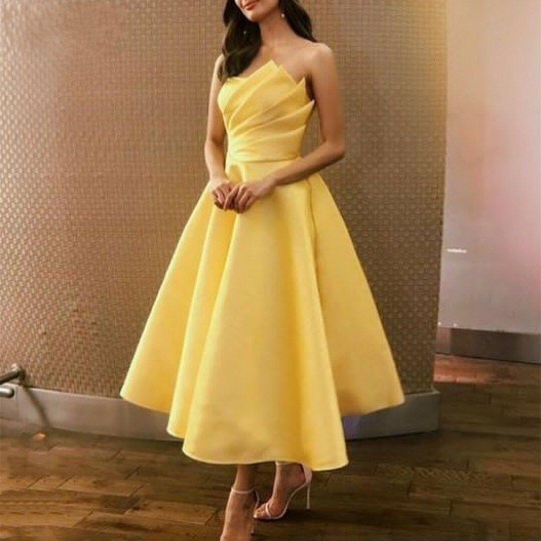 Yellow Short Strapless Prom Dresses 2022 A-Line Tea Length Pleated Satin Party Evening Gowns Robe Soirée Vestidos De Fieast