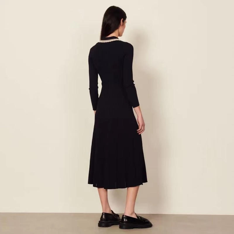 2022 France High-Quality Knitting Stripes Contrast V Neck Long Sleeve A-Line Dress Women Elegant Single-breasted Slim Long Dress