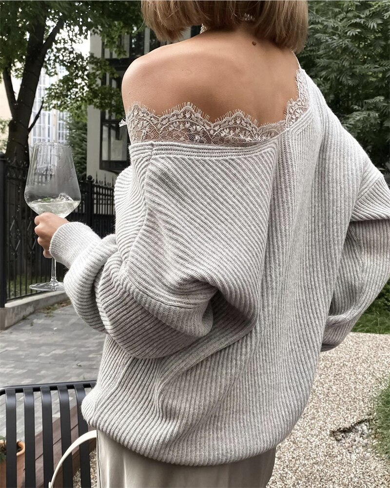 Soft Loose Knitted Sweater Women Autumn Winter New Lace V-neck  Basic Pullovers Female Casual Solid High Street Jumper