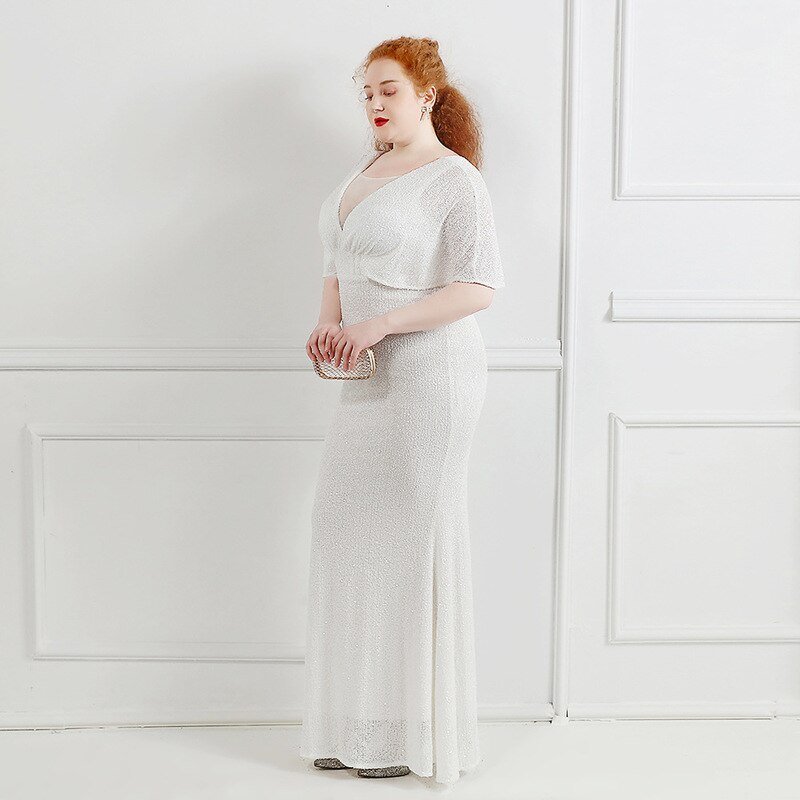 White Sequins Simple Evening Dress V-Neck Ruffles Short Sleeves Floor-Length Fashion Mermaid Plus Size Women Formal Gowns D1274