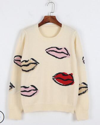 Vintage Sweaters Women 2021 Autumn Winter Lips Pattern Casual Long Sleeve Streetwear Knitted Pullovers Jumper Tops Clothing p396