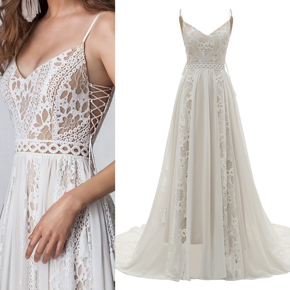 1318# Real Photos Spaghetti Straps Bride Gown 2022 Sleeveless V Neck Open Back Bohemian Sweep Train Wedding Dress Chiffon Lace