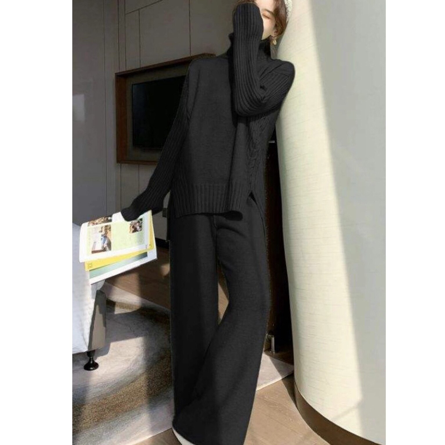 GIGIYW Winter Fashion High Neck Split Thickened Sweater Wide Leg Pants Slouchy Loose Knitted Set Women Autumn Winter 2022 New