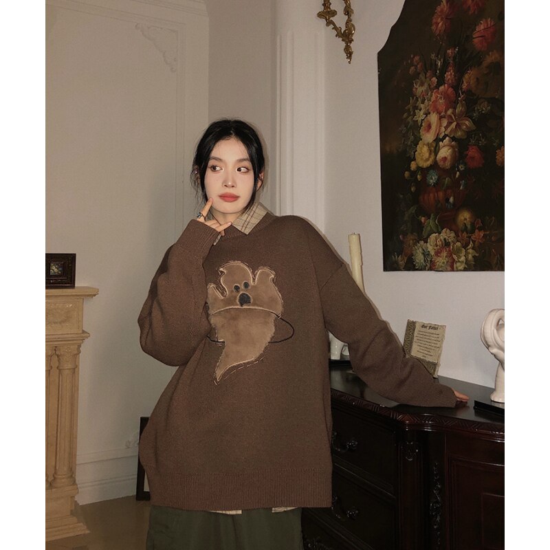Vintage Women Apricot Sweater Round Neck Embroidery Fashion Leisure Lazy Wind Loose Winter Female Thicken Warm Knitting Pullover