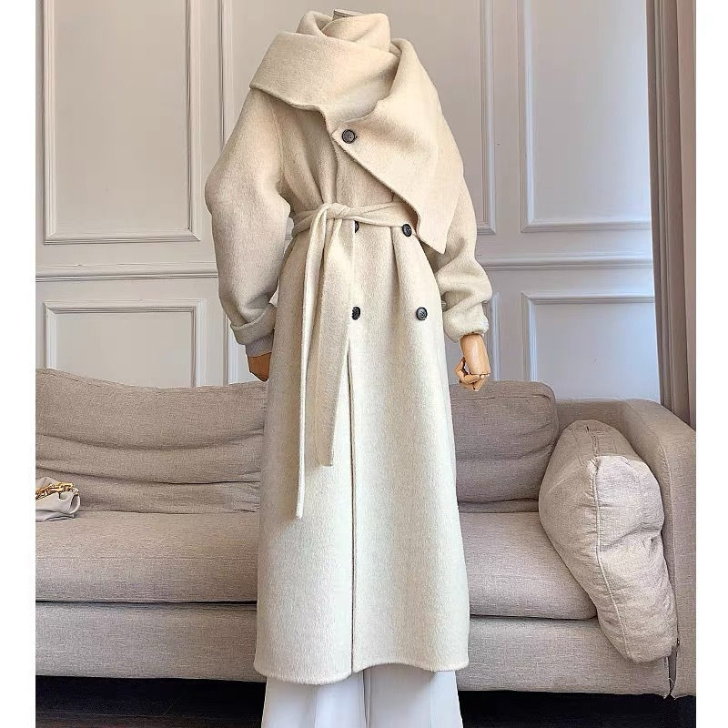 Korean High-End Scarf Collar Coat Double Breasted Sashes Woolen Long Temperament Women Autumn Winter Windbreaker Jacket T1078