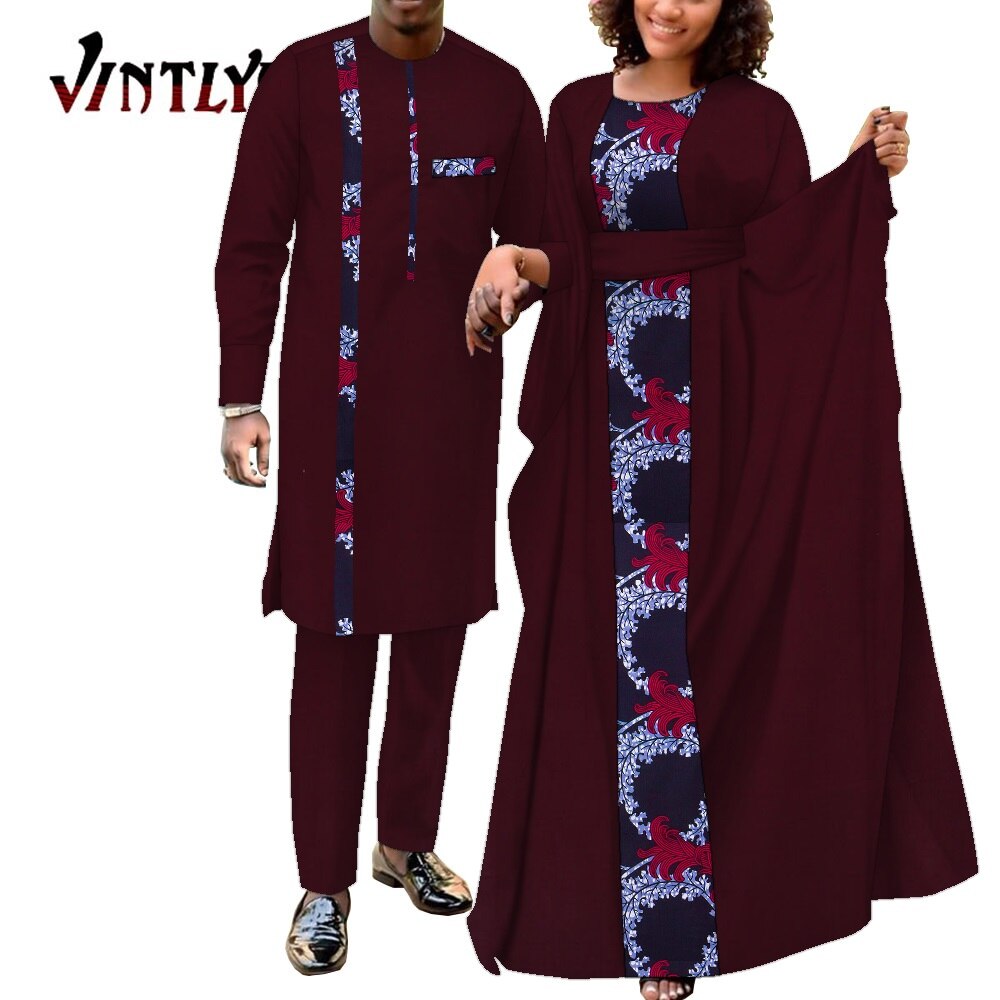 2 Pcs African Dresses for Women and Dashiki Men Suits Floral Print Couple Clothes Lovers Outfit Patchwork Robe Dress Wyq949
