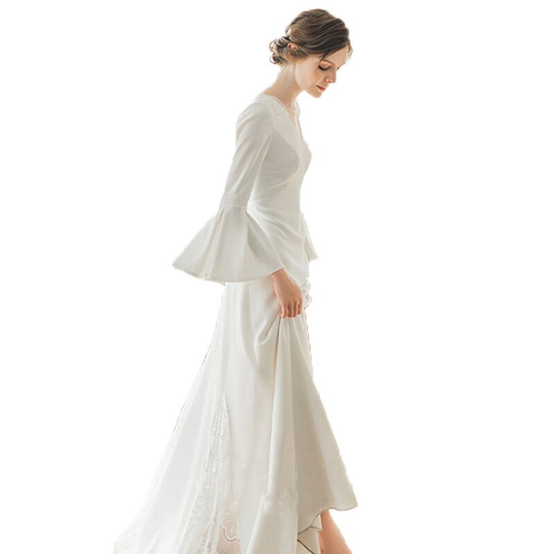 Summer Women’S Ivory Wedding/Party Dress-2022 New Style Temperament Garden Girl Bride Satin-Trumpet Sleeves Skirt