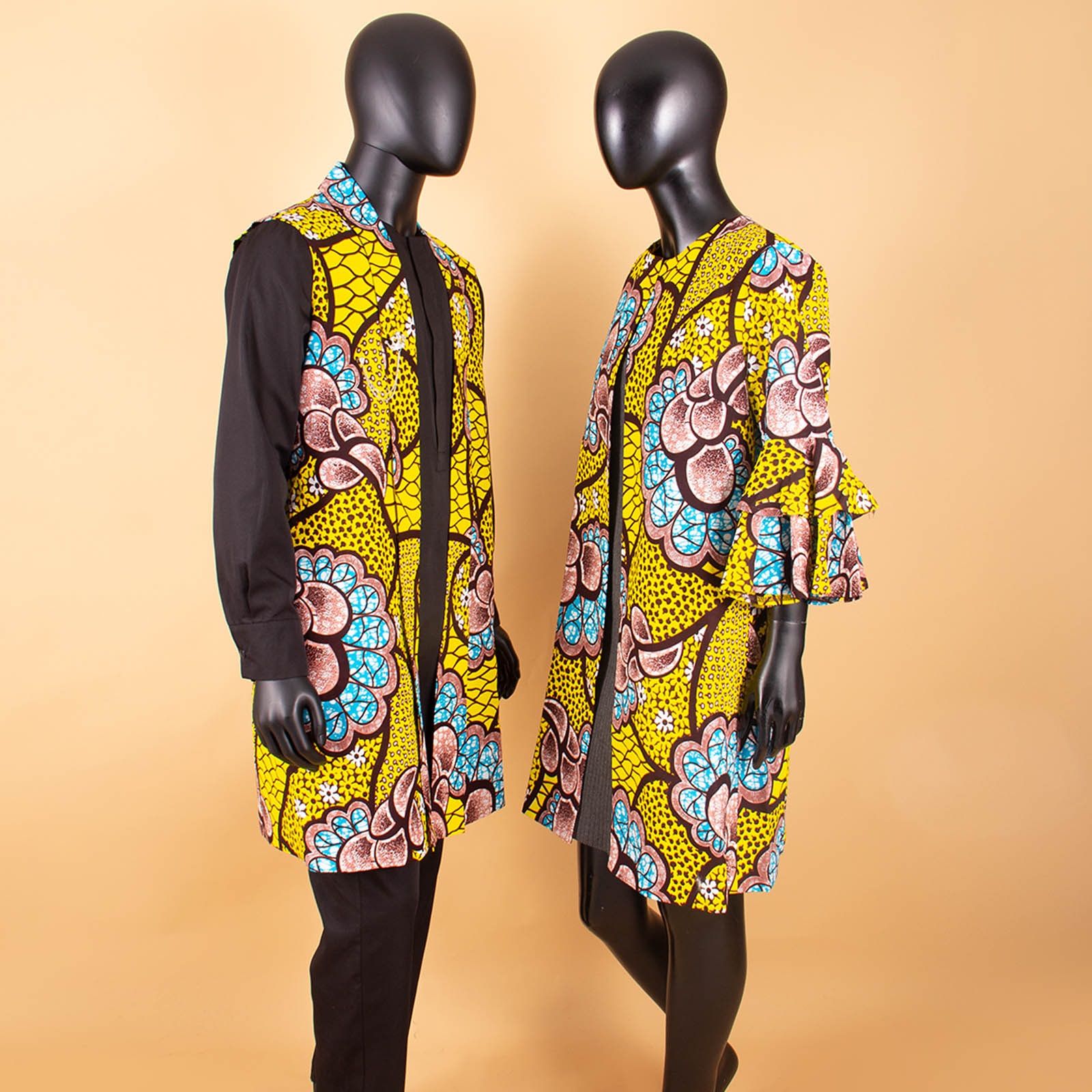 African Couples Outfits  Women Coat Long Jacket Match Men Vest + Top and Pants 3 Pieces Set With Pockets& Breastpin Y22C072