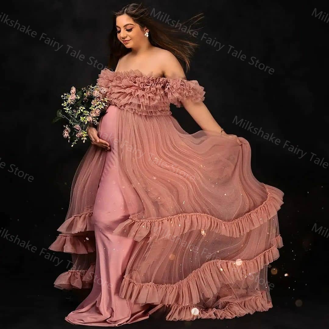 Charming Off The Shoulder Maternity Dresses Ruffles Pregnant Women Gown for Photoshoot Sexy Floor Length Pregnancy Babyshower