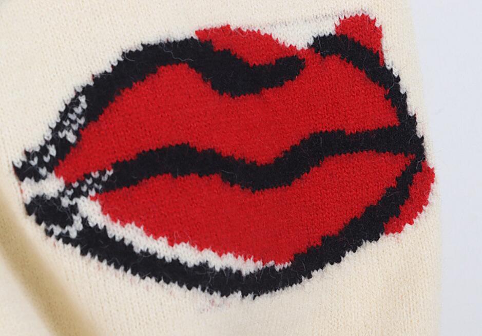 Vintage Sweaters Women 2021 Autumn Winter Lips Pattern Casual Long Sleeve Streetwear Knitted Pullovers Jumper Tops Clothing p396