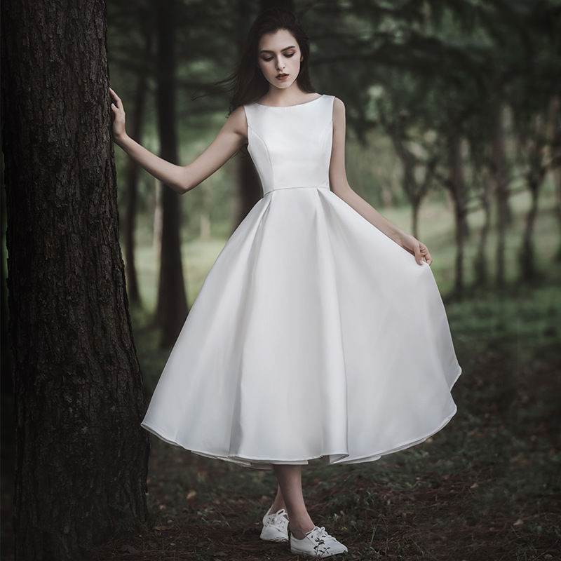 2022 Women White Satin Evening Dresses O-Neck Sleeveless Bridal Wedding Party Dress Graduation Gowns Sweet Memory Vintage Gown