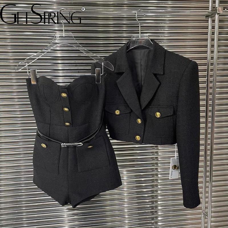 GetSpring Women Sets Metal Button Short Black Blazer Jacket Strapless Slim Playsuits Two Piece Sets 2022 Autumn Winter Fashion