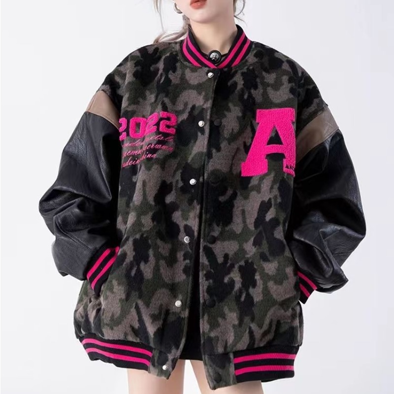 American retro camouflage baseball jacket women's 2022 new autumn and winter models Y2K tide stitching pu leather autumn jacket