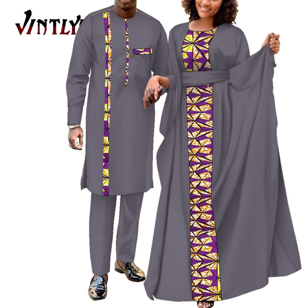 2 Pcs African Dresses for Women and Dashiki Men Suits Floral Print Couple Clothes Lovers Outfit Patchwork Robe Dress Wyq949