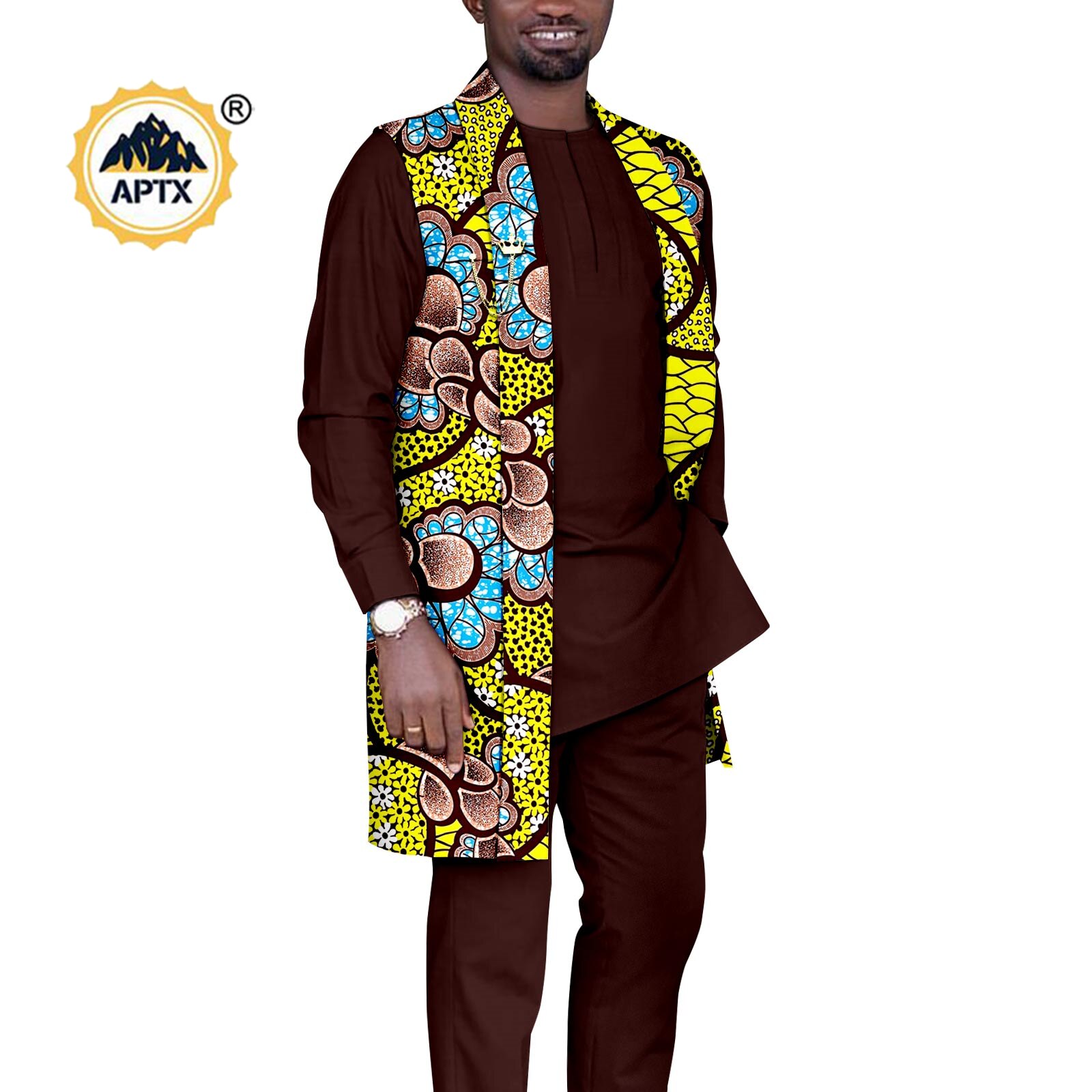 African Couples Outfits  Women Coat Long Jacket Match Men Vest + Top and Pants 3 Pieces Set With Pockets& Breastpin Y22C072