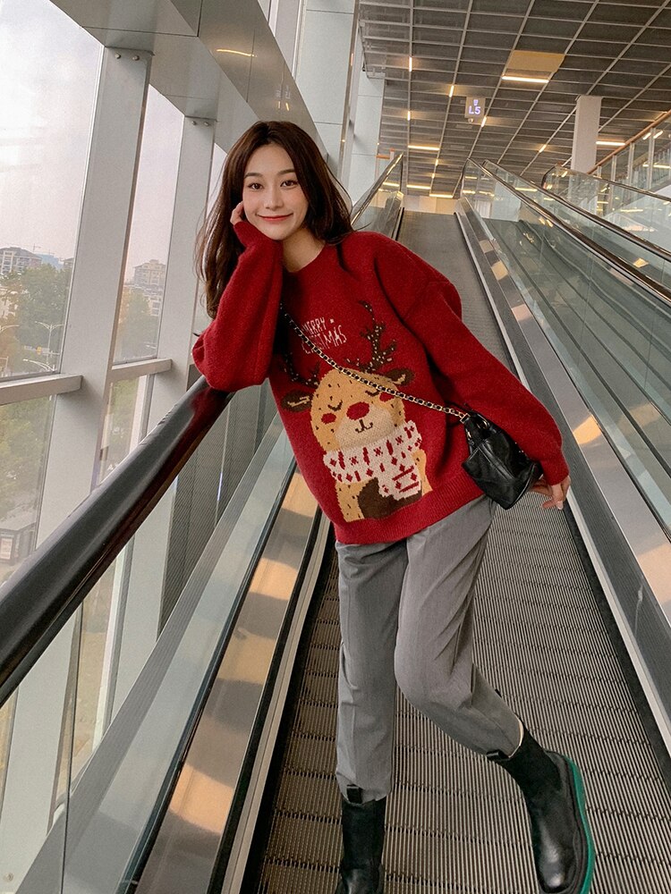 Autumn Winter O-Neck Knitted Year Christmas Pullovers for Women 2023 New Korean Fashion Casual Loose Thickening Sweaters Tops