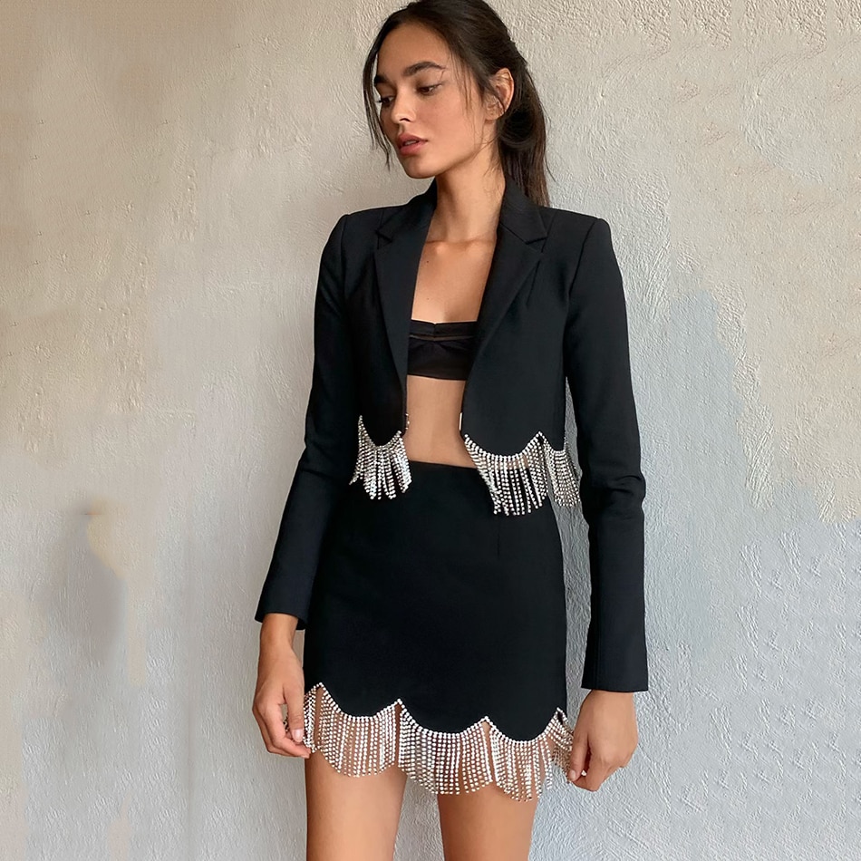 High-Quality Women'S Short Suit Jacket + Mini Skirt 2 Two-Piece Set Sexy Rhinestone Tassel High Waist Slim Set 2022 Autumn