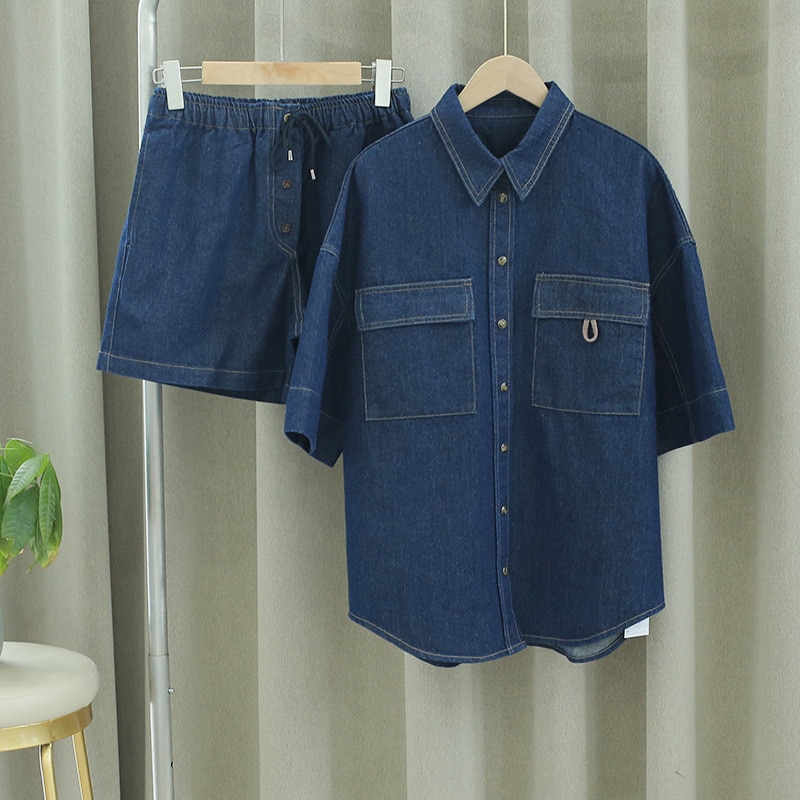 Women's Turn-Down Collar Denim Suit Bead Chain Denim Jacket and High Waist Elastic Lace-Up Shorts Lady Solid Color All-Match Set