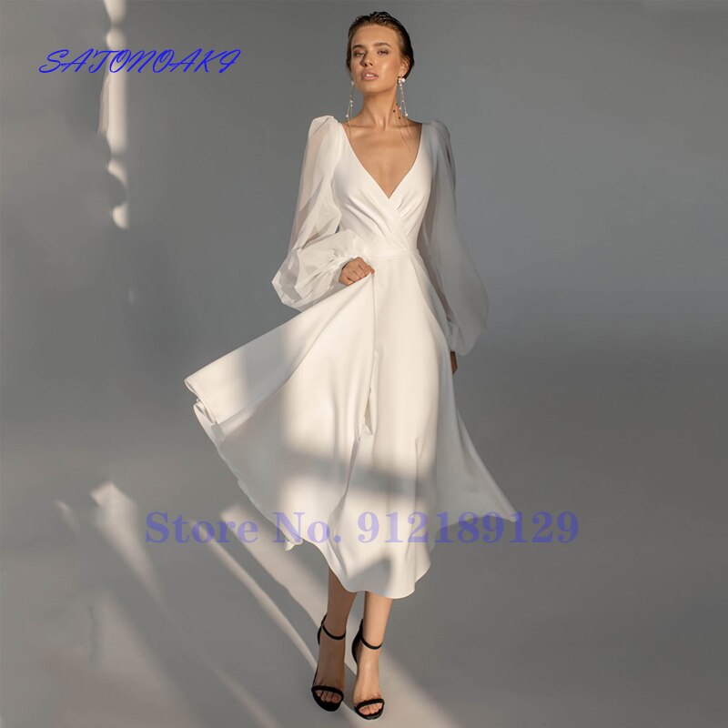 Vestidos De Novia Fashion Short Wedding Dress V Neck Puff Sleeves Simple Backless A Line Bridal Gowns Tea Length Robe De Mariée