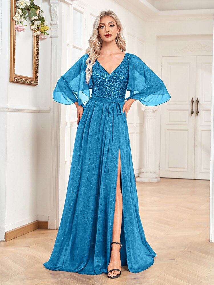 Lucyinlove Sexy Sequin Maxi V-neck Dress Women 2022 Elegant Flared Sleeves Chiffon Party Dress Wedding Evening Dresses Vestidos