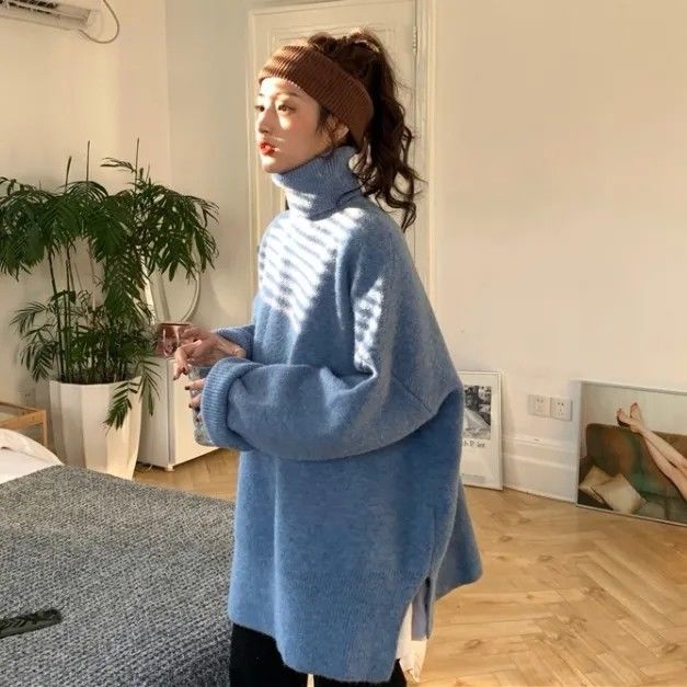 Thickened Solid Color High Collar Sweater Female Students Autumn Winter New Loose Head Set Hundred Open Knitted Sweater Jacket