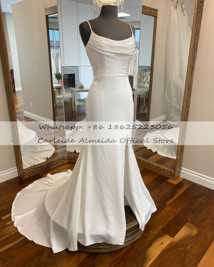Spaghetti Straps Soft Satin Simple Wedding Dresses for Beach Side Slit Low Back Sexy Cheap Bridal Gowns for Wedding