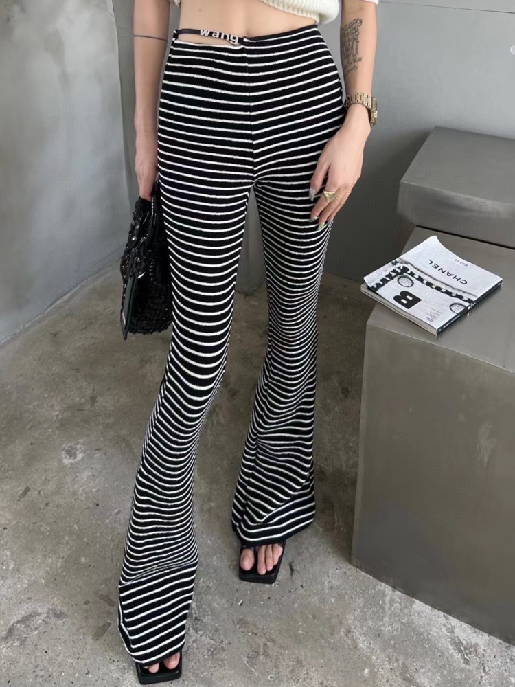 GIGIYW Classic Simple Metal Diamond Stripe Towel Versatile Elastic Leisure Stretch Pants Women Wide Leg Length Autumn 2022 New